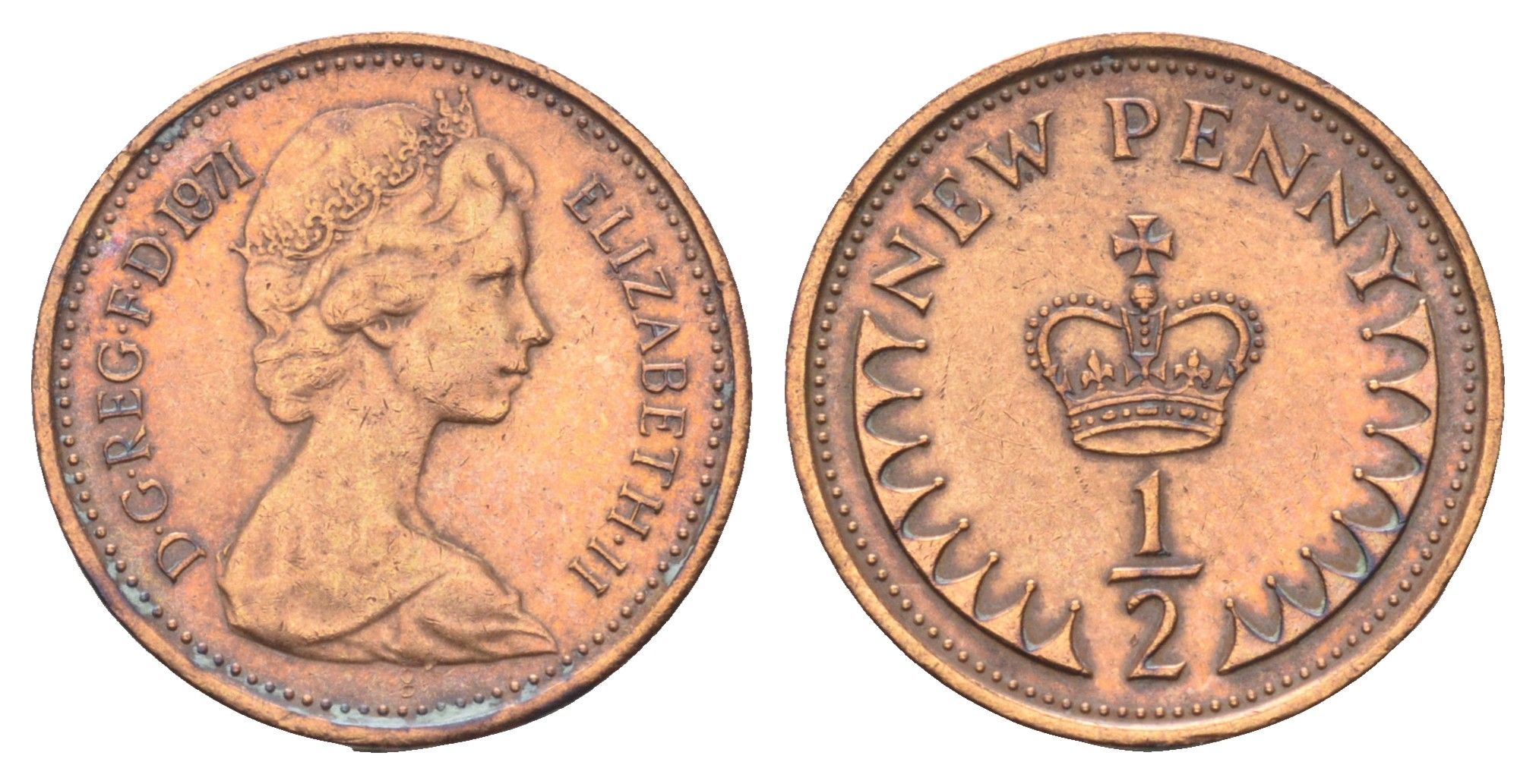 Великобритания 1/2 пенни 1971 Елизавета II (1952-2022) KM 914, Spink 4239 бронза 4697-632