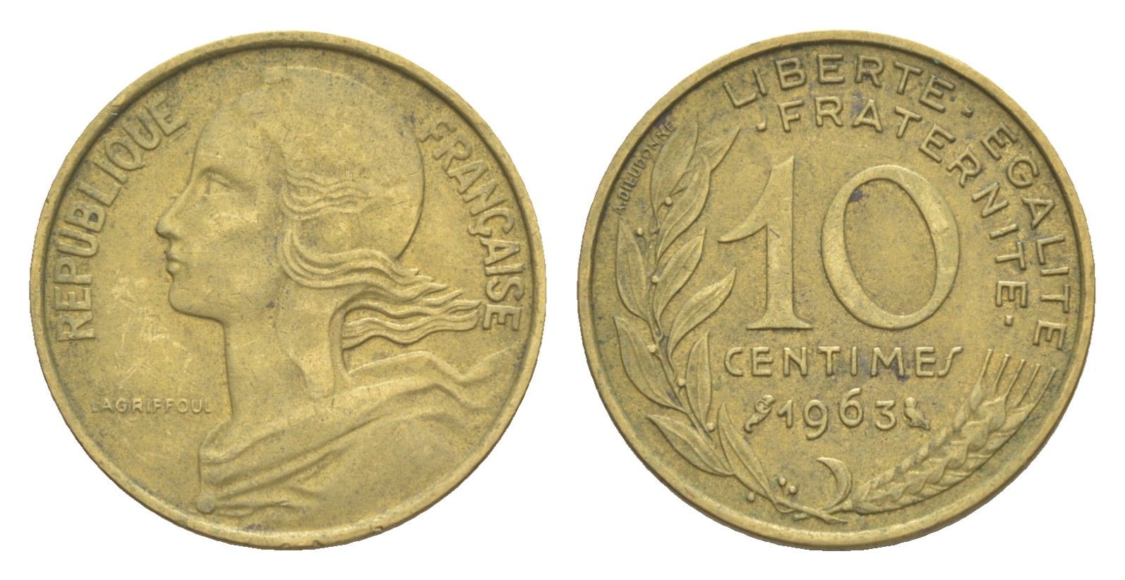 Франция 10 сантимов 1963 тип Марианна KM 929, Le Franc 144.3 алюминиевая бронза 4643-514