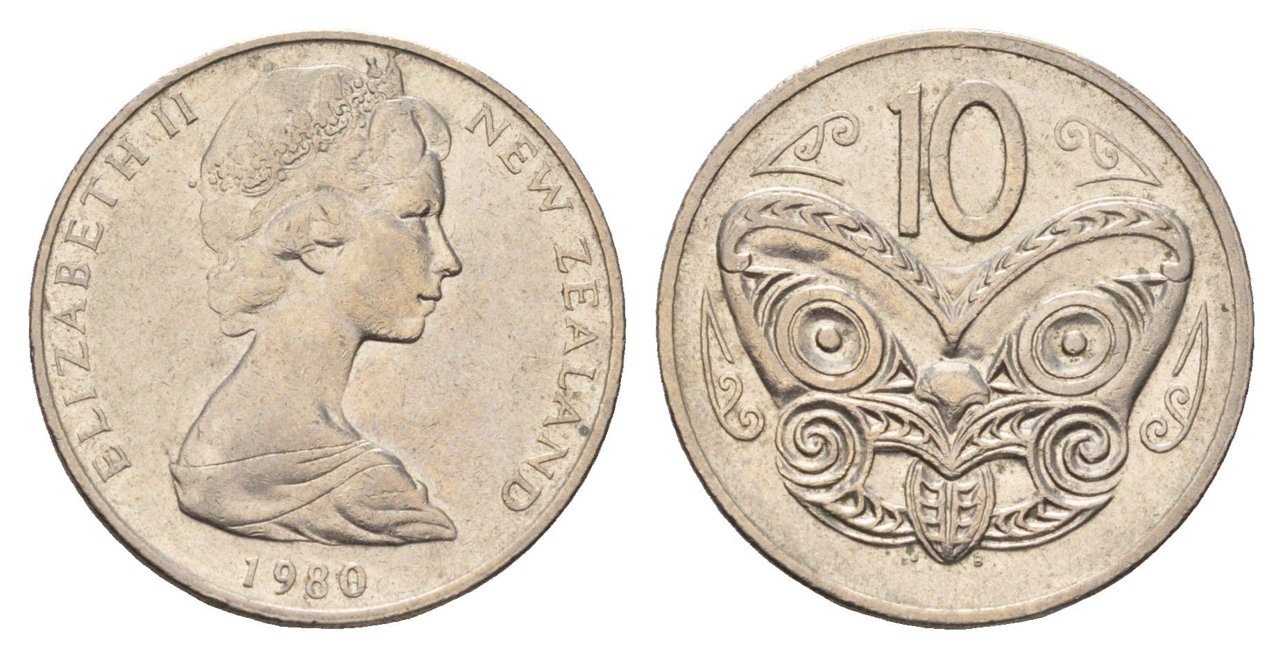 Новая Зеландия 10 центов 1980 Елизавета II (1952-2022), маска маори KM 41 медно-никель 4671-532