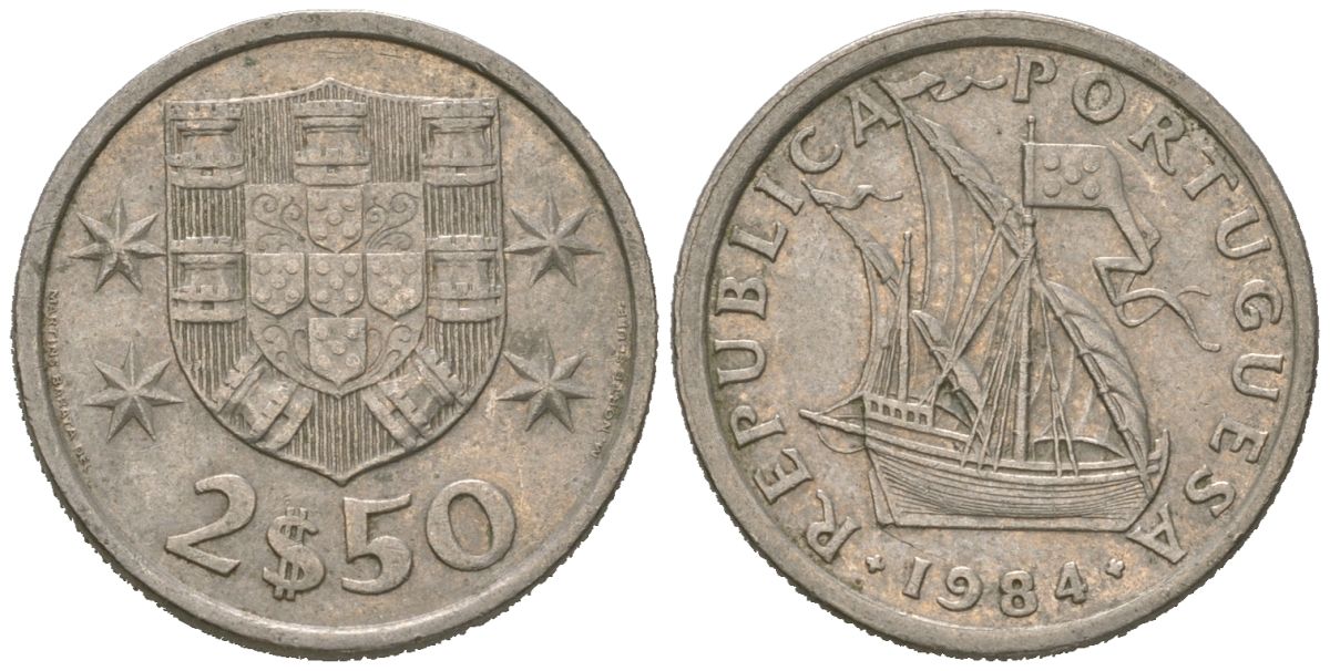 Португалия 2,5 эскудо 1984 парусник KM 590 медно-никель 4618-837