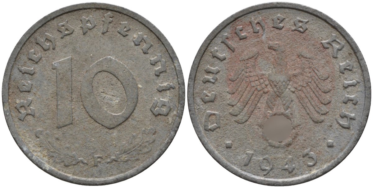 Германия 10 рейхспфеннигов 1943 F KM 101, J.371 цинк 4151-257