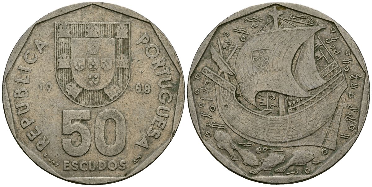 Португалия 50 эскудо 1988 парусник KM 636 медно-никель 4120-1022