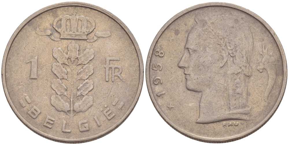 Бельгия 1 франк 1958 Belgie, Бодуэн I (1951-1993) KM 143.1 медно-никель 213-326