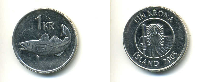 Исландия 1 крона 2005 треска KM 27а сталь плакированная никелем 3999-111