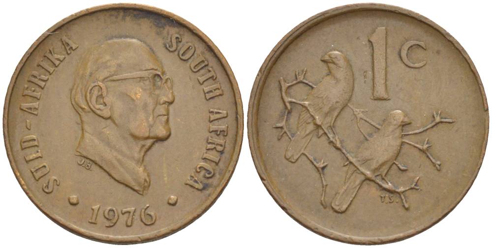 ЮАР 1 ЦЕНТ 1976 ПРЕЗИДЕНТ ЯКОБУС ЙОХАННЕС ФУШЕ, КАПСКИЕ ВОРОБЬИ KM 91 бронза 4549-151