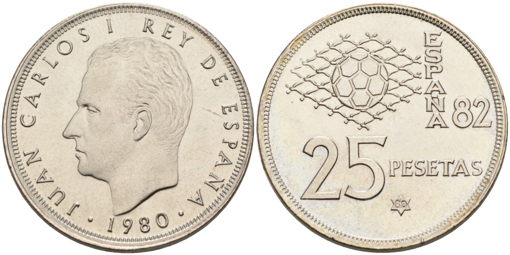 Испания 25 песет 1980 (80) чемпионат мира по футболу в Испании 1982 года, Хуан Карлос I KM 818 медно-никель аUNC 189-911