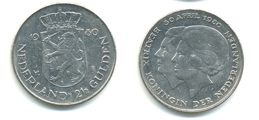 Нидерланды 2 1/2 гульдена 1980 коронация Беатрикс, 30 апреля 1980 KM 201 никель 84-1232