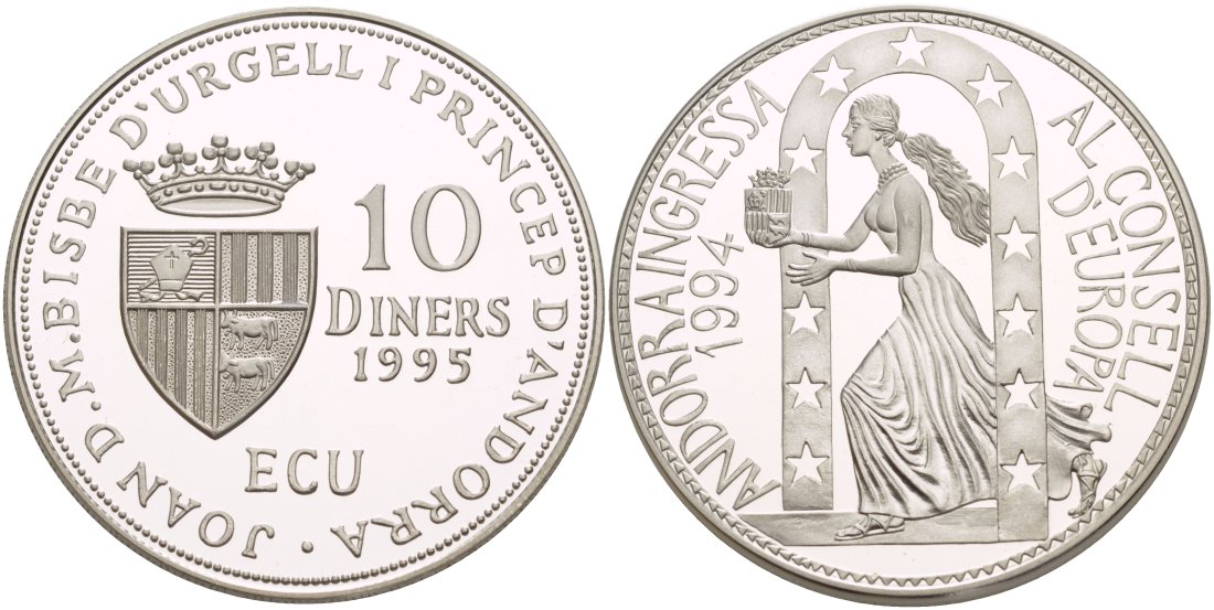 Андорра 10 динеров 1995 вступление Андорры в совет Европы KM 108 серебро PROOF 1088-10-24
