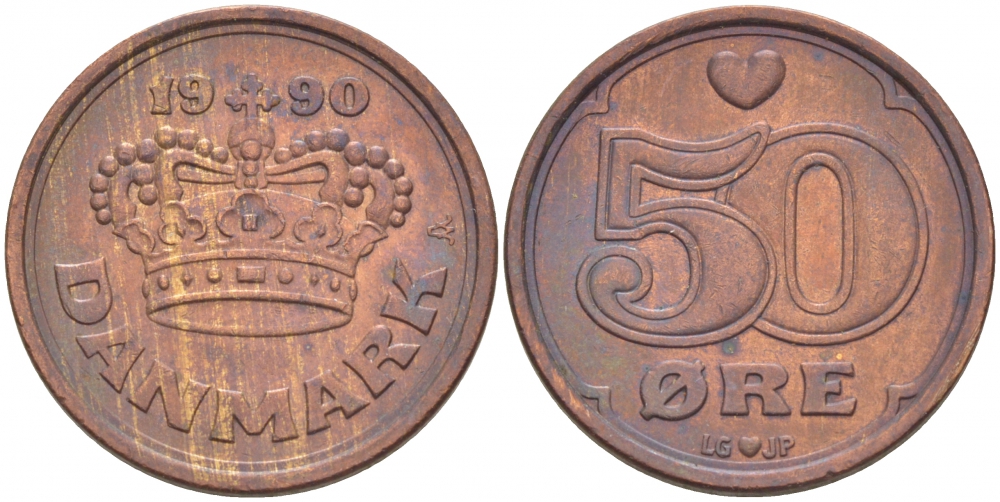 Дания 50 эре 1990 Маргрете II (1972- ) KM 866.2 бронза 85-615