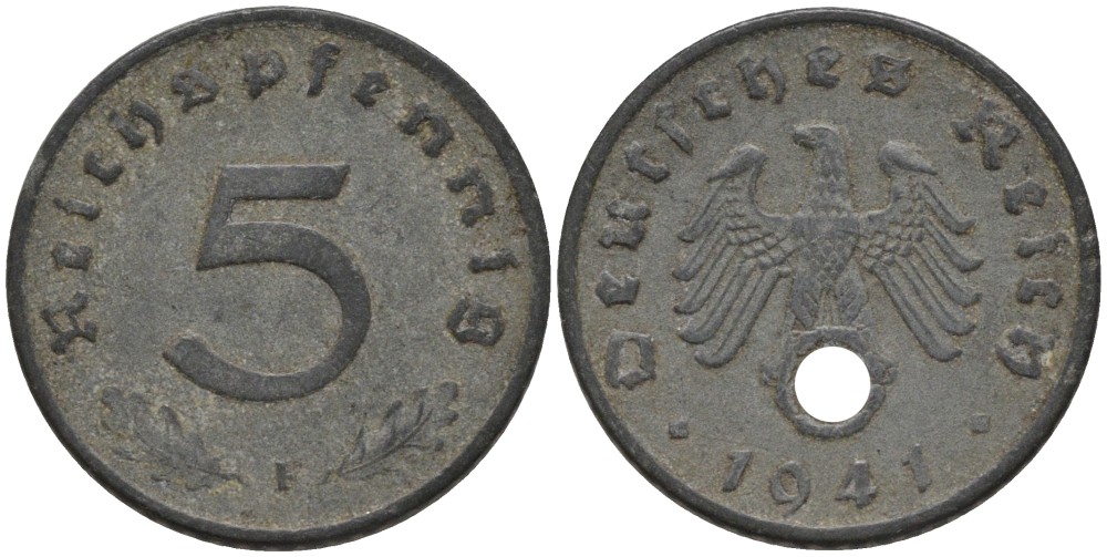 Германия 5 рейхспфеннигов 1941 F, монетный двор Штутгарт KM 100, J. 370 цинк 186-742