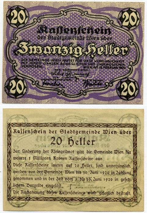 Австрия, Вена 20 геллеров 1920 30 июня 1920, нотгельд Mehl FS 1183IIc  бумага UNC (пресс) 8614-30-3-1