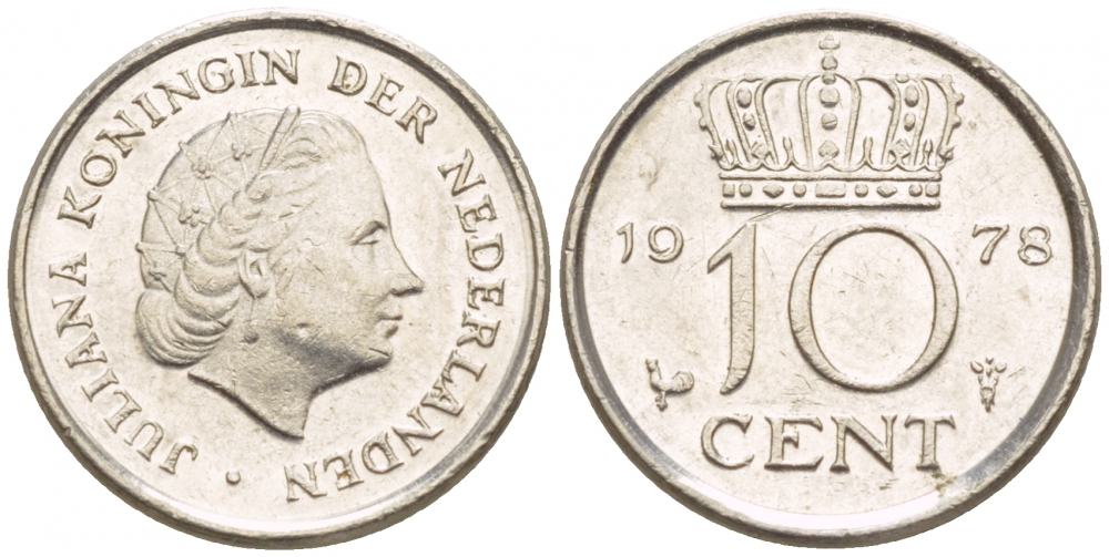 Нидерланды 10 центов 1978 Юлиана (1948-1980) КМ 182 никель 4547-851