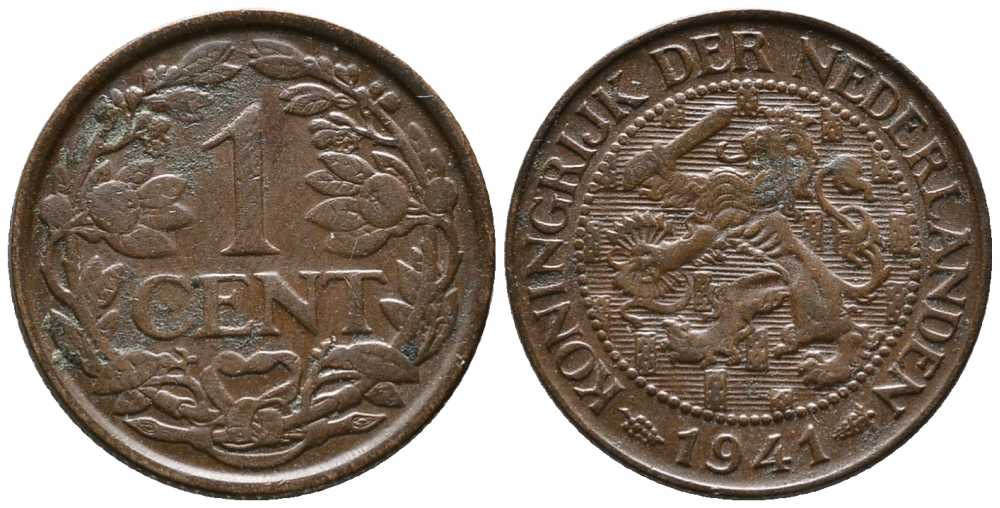 НИДЕРЛАНДЫ 1 ЦЕНТ 1941 ВИЛЬГЕЛЬМИНА KM 152 бронза 39-1253