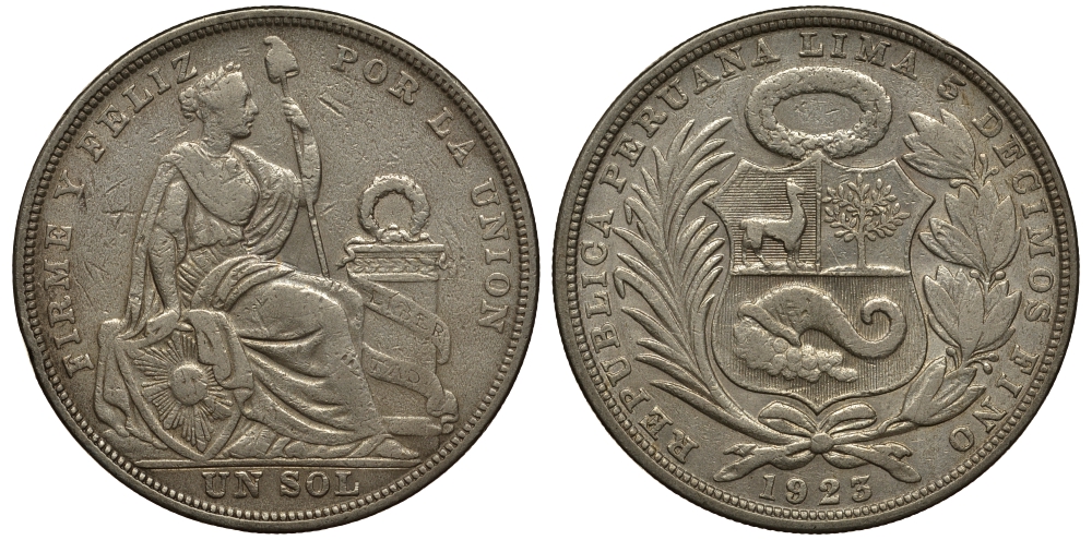 Перу 1 соль 1923 KM 218.1 серебро 272-643