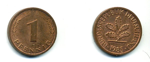 ФРГ 1 ПФЕННИГ 1985 F KM 105, J 380 сталь плакированная медью 46-155