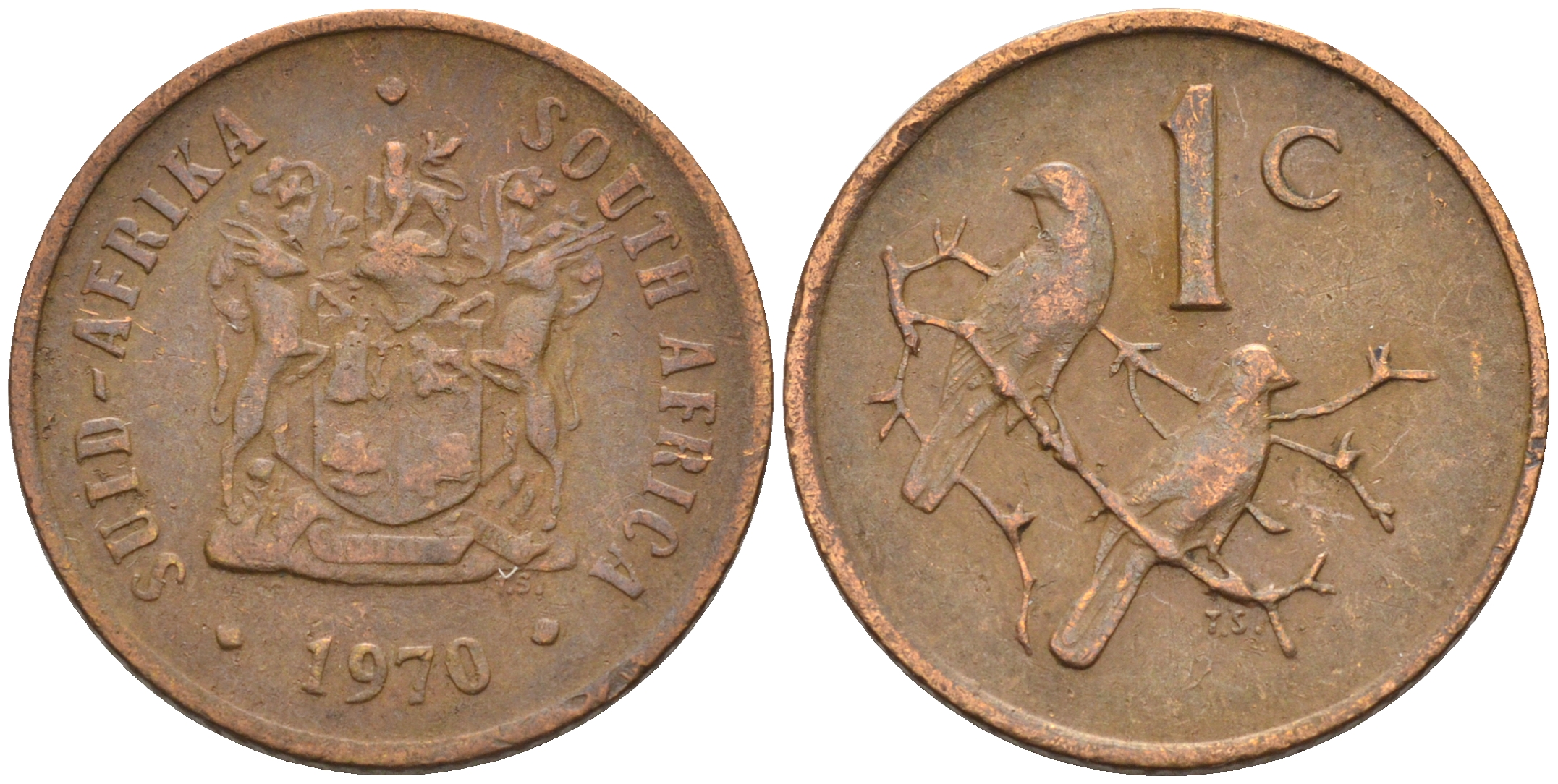 ЮАР 1 цент 1970 герб, капские воробьи KM 82 бронза    4115-159