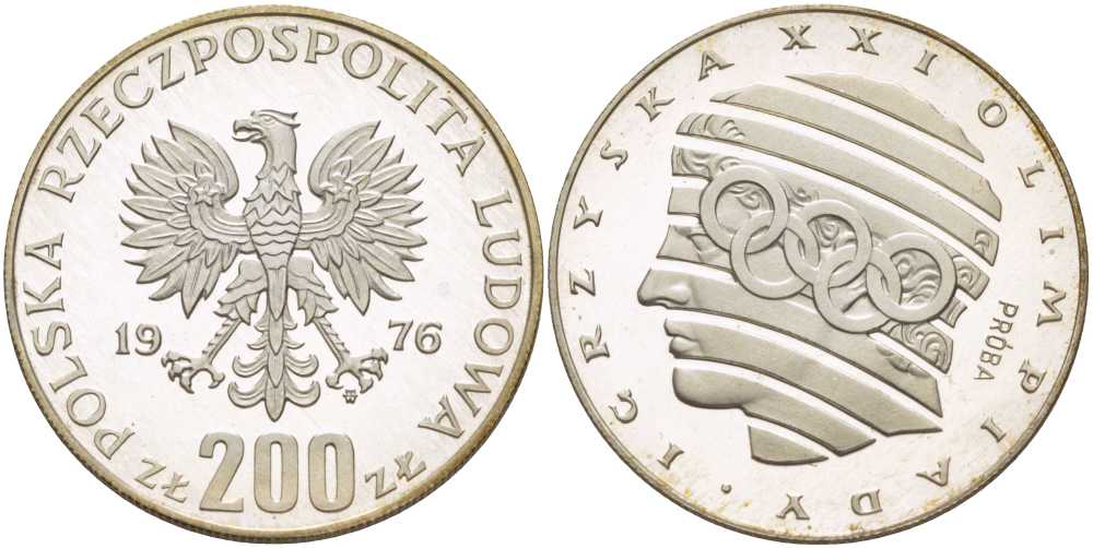 Польша 200 злотых 1976 MW, XXI олимпийские игры 1976 года в Монреале, античный герой с кольцами, PROBE, пробный выпуск, тираж 6060 экз., в оригинальной пластиковой коробке KM Pr287 серебро PROOF 5-3-1-163