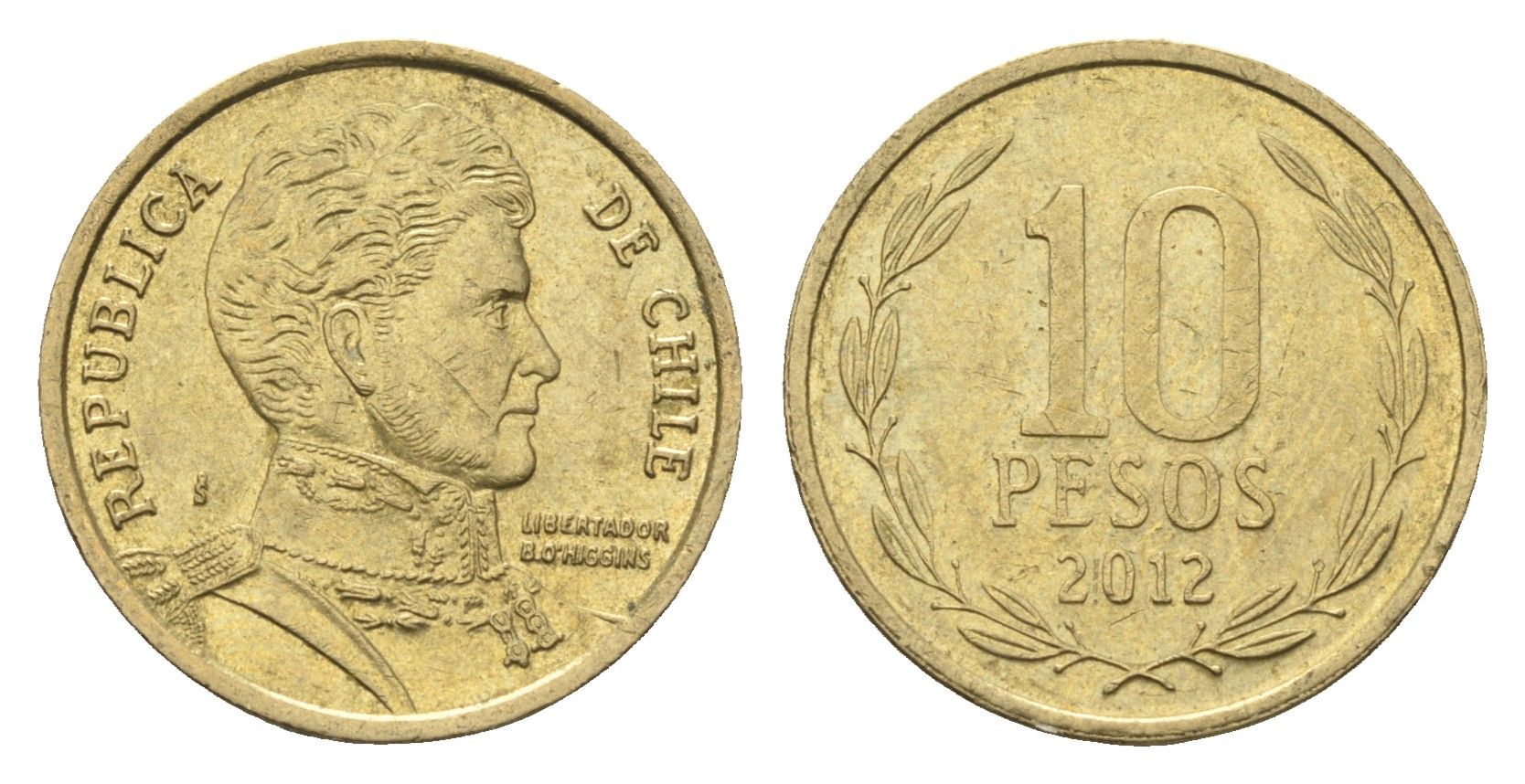 Чили 10 песо 2012 KM 228 никель латунь 4664-439