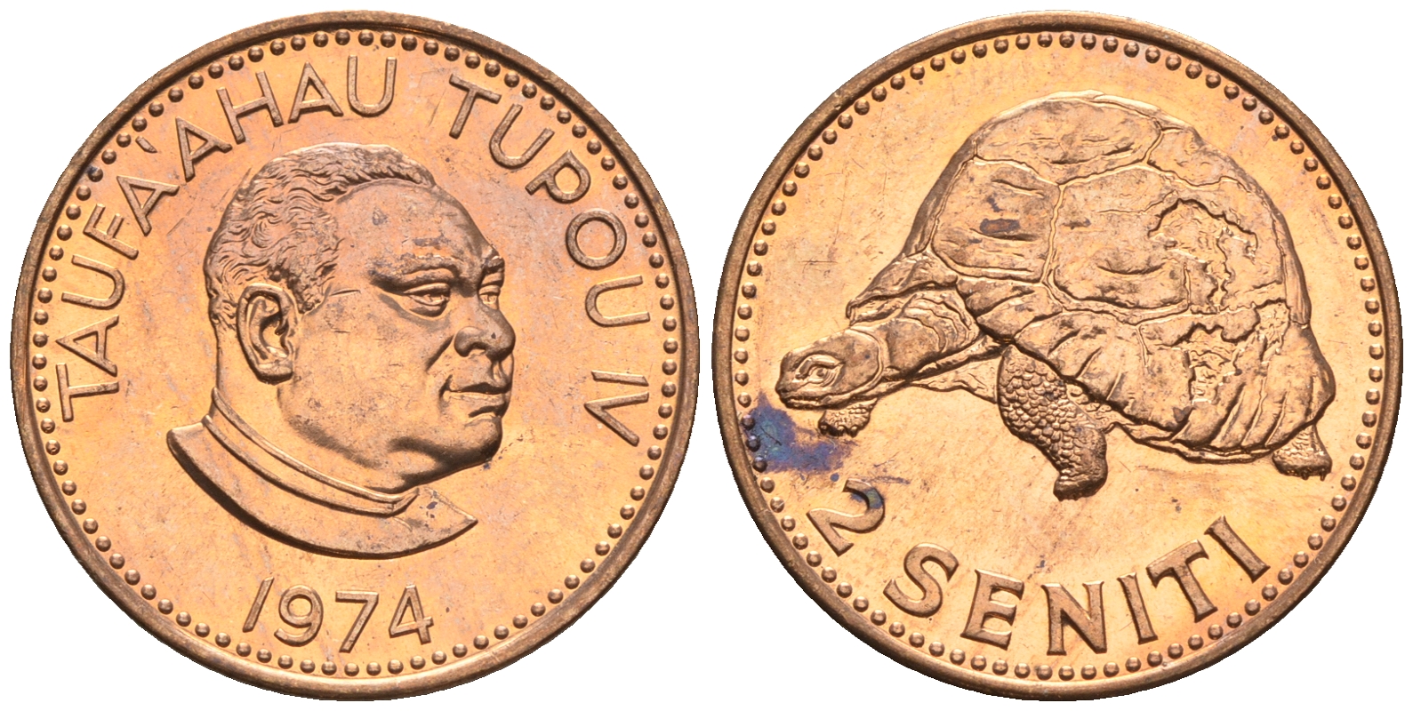 Тонга 2 сенити 1974 король Тауфа’ахау Тупоу IV (1967-2006), черепаха KM 28 бронза  UNC  220-1164