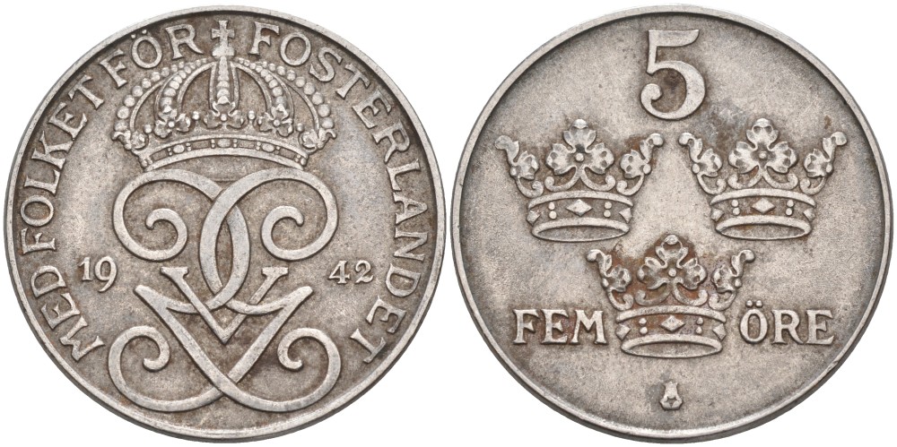 Швеция 5 эре 1942 Густав V (1907-1950) KM 812 железо 4557-711