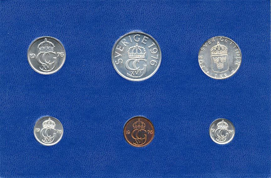 Швеция набор монетного двора из 6 монет 1976 в картоне, Карл XVI Густав (1973- ) KM MS4 UNC 7-5-7-224