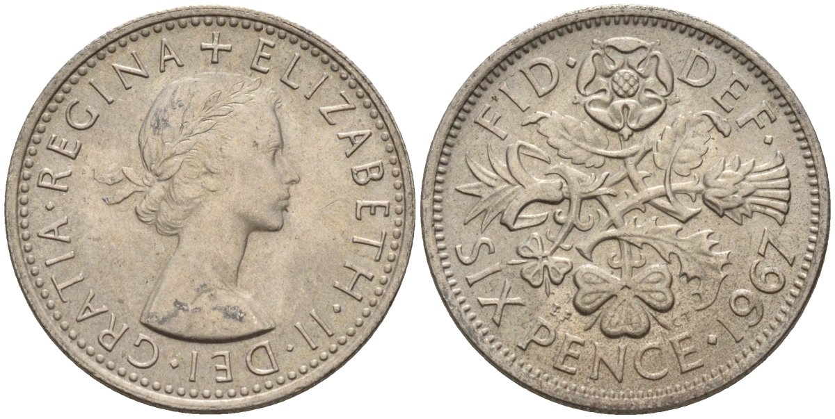 Великобритания 6 пенсов 1967 Елизавета II (1952-2022) KM 903, Spink 4149 медно-никель 4596-1051