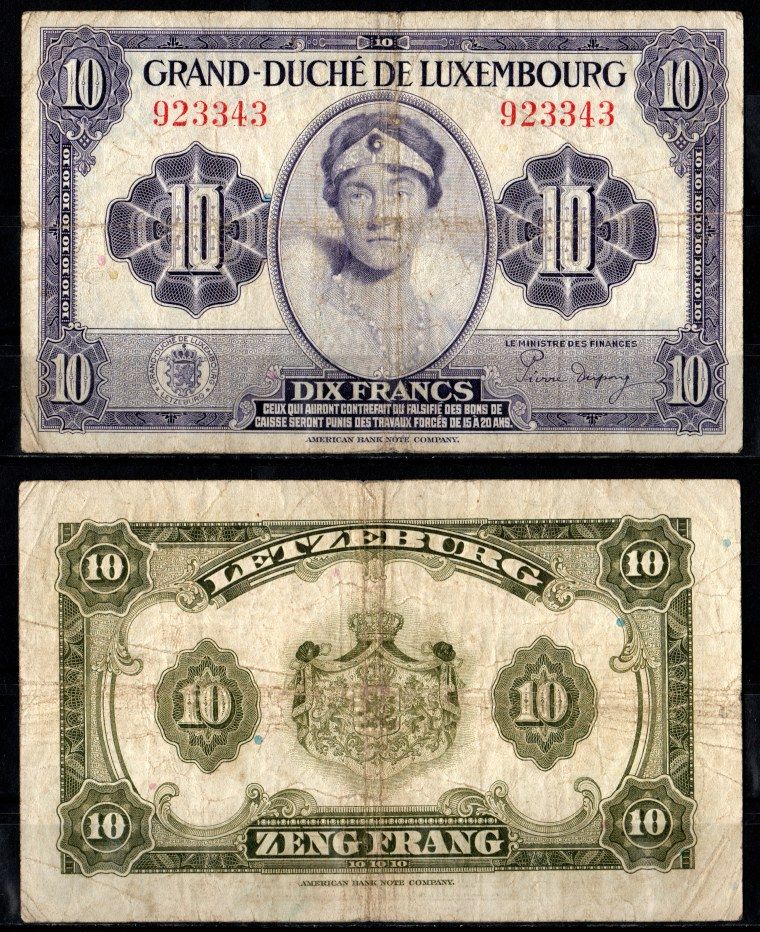 Люксембург 10 франков ND (1944) Pick 44 a (1) бумага 7205-6-1-1