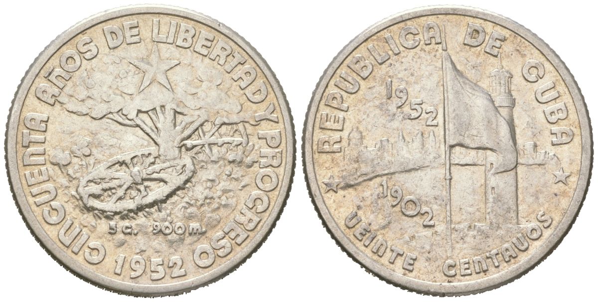 Куба 20 сентаво 1952 50 лет Республике Куба KM 24 серебро 34-1017