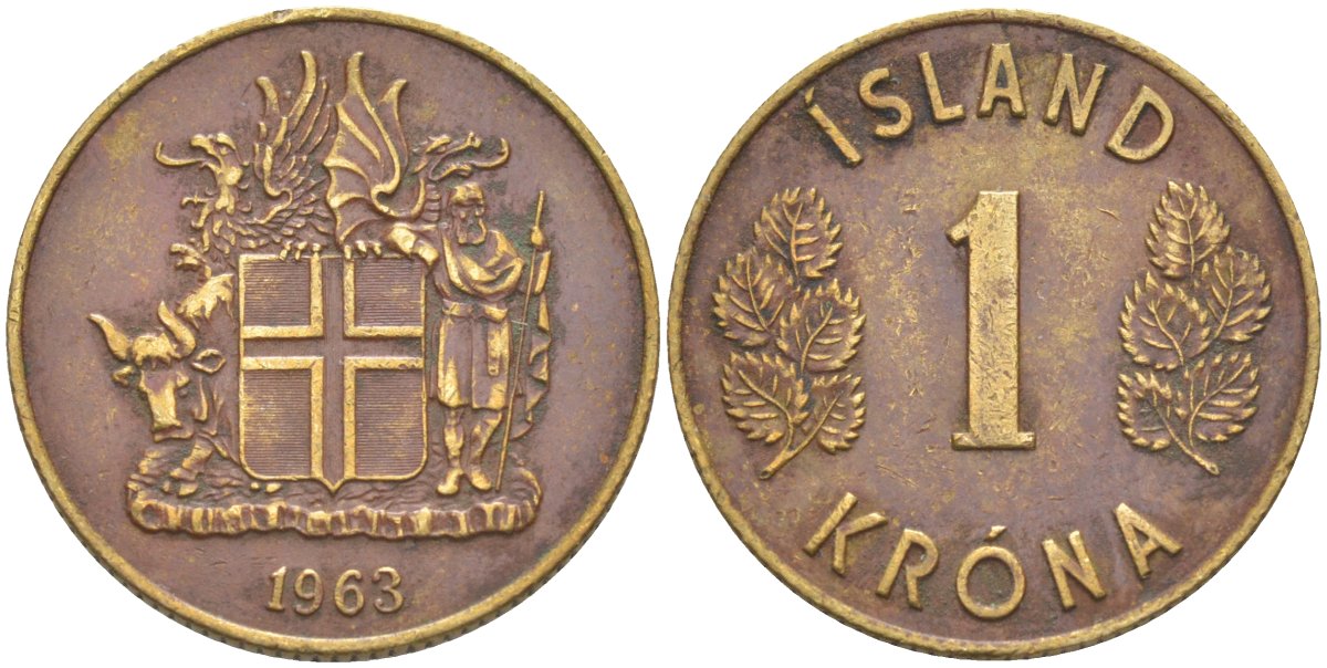 Исландия 1 крона 1963 KM 12а никель латунь 219-835