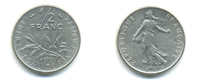 ФРАНЦИЯ 1/2 ФРАНКА 1970 KM 931.1 никель 25-833