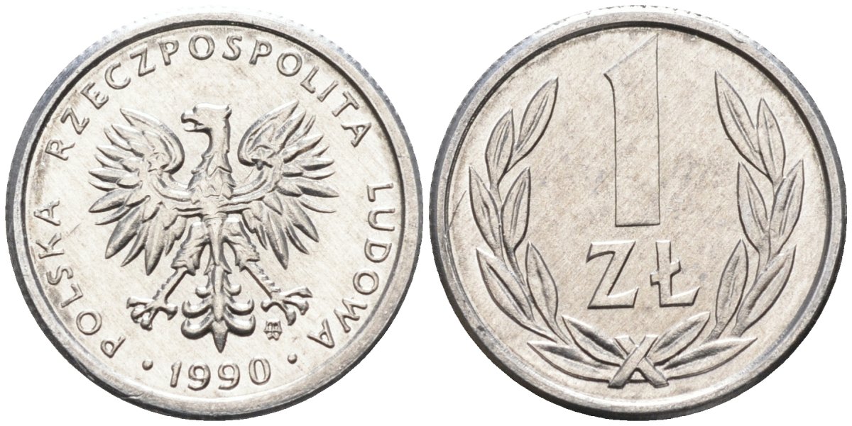 Польша 1 злотый 1990 MW, Народная Республика KM 49.3, Parchimowicz 215b алюминий UNC 4580-724