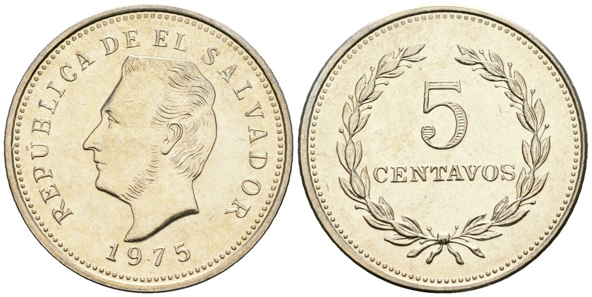 Сальвадор 5 сентаво 1975 год тип, Франсиско Морасан KM 149 медно-никель UNC M25-08
