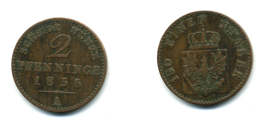 Пруссия 2 пфеннига 1856 A, Фридрих Вильгельм IV (1840-1861) KM 452, Jaeger 51, Olding 336, AKS 91 медь 54-613