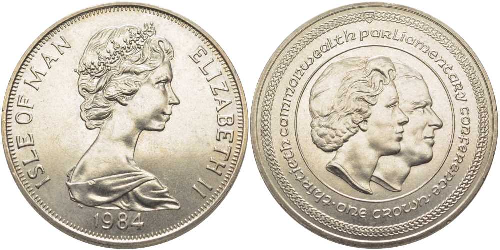 Остров Мэн 1 крона 1984 30 ЛЕТ ПАРЛАМЕНТСКОЙ КОНФЕРЕНЦИИ СТРАН БРИТАНСКОГО СОДРУЖЕСТВА, ДВОЙНОЙ ПОРТРЕТ KM 130 медно-никель UNC 107-725
