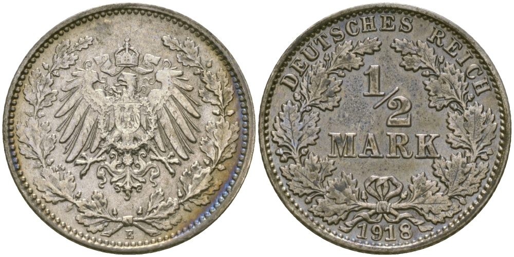 ГЕРМАНИЯ 1/2 МАРКИ 1918 E J. 16, KM 17 серебро UNC 65-312