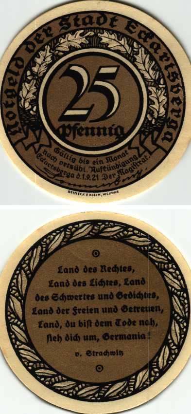 ЭККАРТСБЕРГА 25 ПФЕННИГОВ 1921 НОТГЕЛЬД, 1 СЕНТЯБРЯ 1921, ЗЕМЛЯ САКСОНИЯ-АНХАЛЬТ Grabowski 305.4 бумага 6318-44-3-1