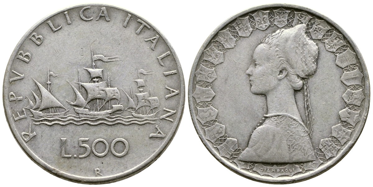 Италия 500 лир 1961 R, корабли Колумба KM 98 серебро 4178-1013