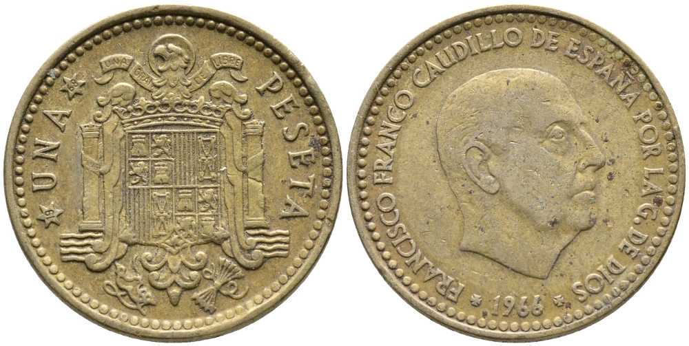 ИСПАНИЯ 1 ПЕСЕТА 1966 (68) ФРАНСИСКО ФРАНКО ДИКТАТОР ИСПАНИИ (1939-1975) KM 796 алюминиевая бронза 110-1247