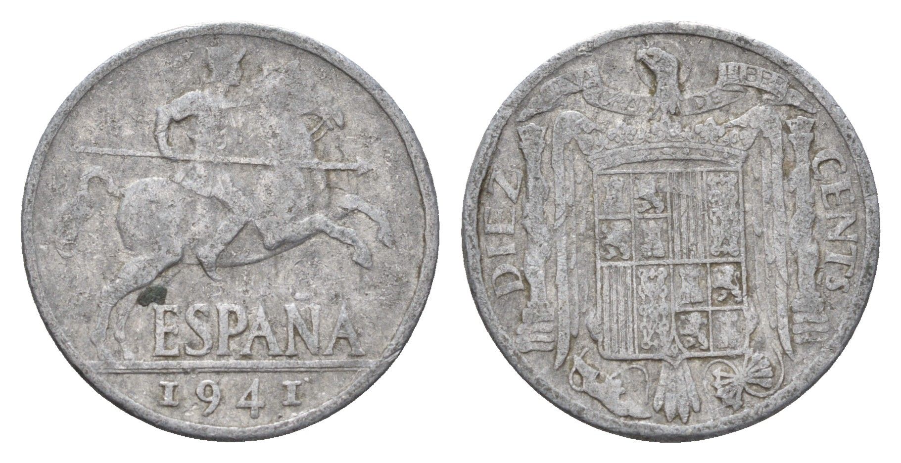 Испания 10 сентимо 1941 рыцарь на коне, Франсиско Франко (1939-1975) KM 766 алюминий 4703-251