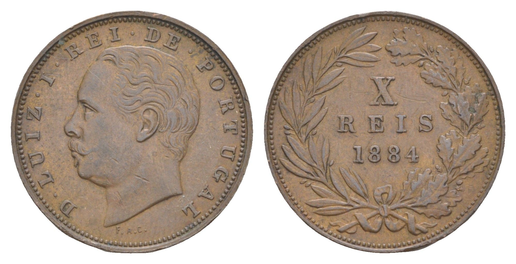 Португалия 10 реалов 1884 Луиш I (1861-1889) KM 526 бронза 4127-742