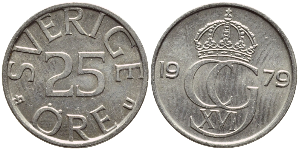 Швеция 25 эре 1979 U Карл XVI Густав (1973- ) KM 851 медно-никель 4396-528