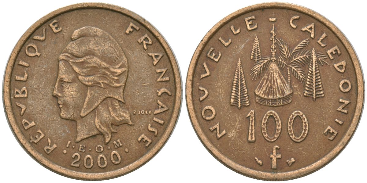 Французская Новая Каледония 100 франков 2000 хижина среди сосен и пальм, (IEOM) KM 15, Schoen 16, Lec 139d никель латунь 4144-633