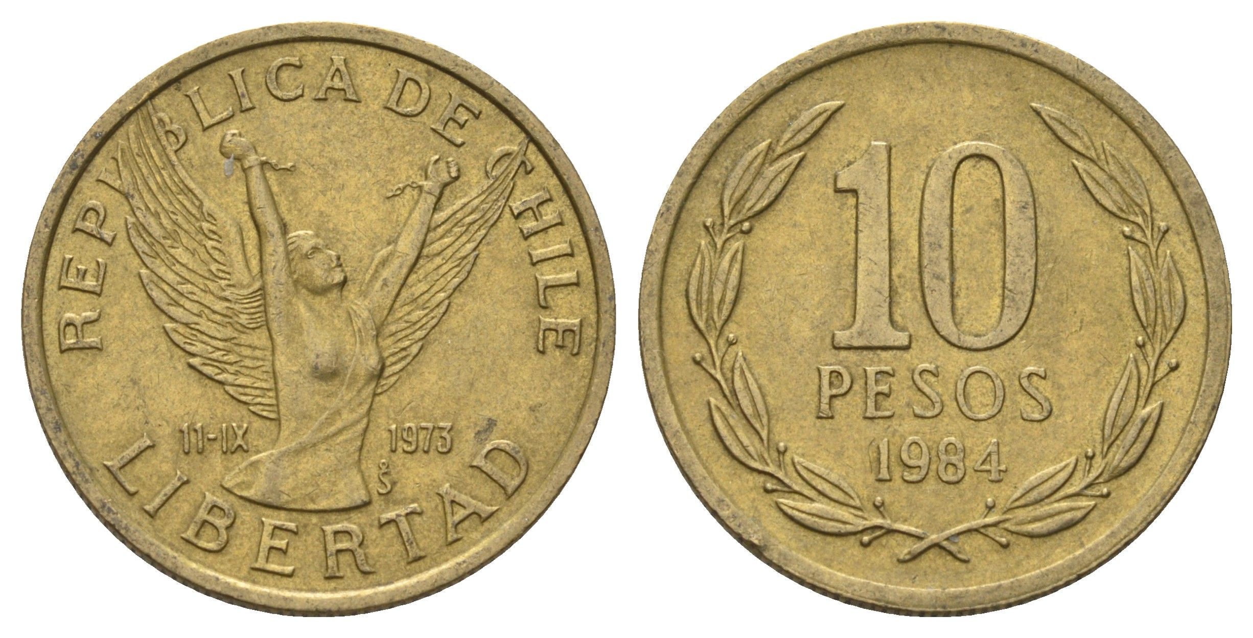 Чили 10 песо 1984 KM 218 латунь 4689-242