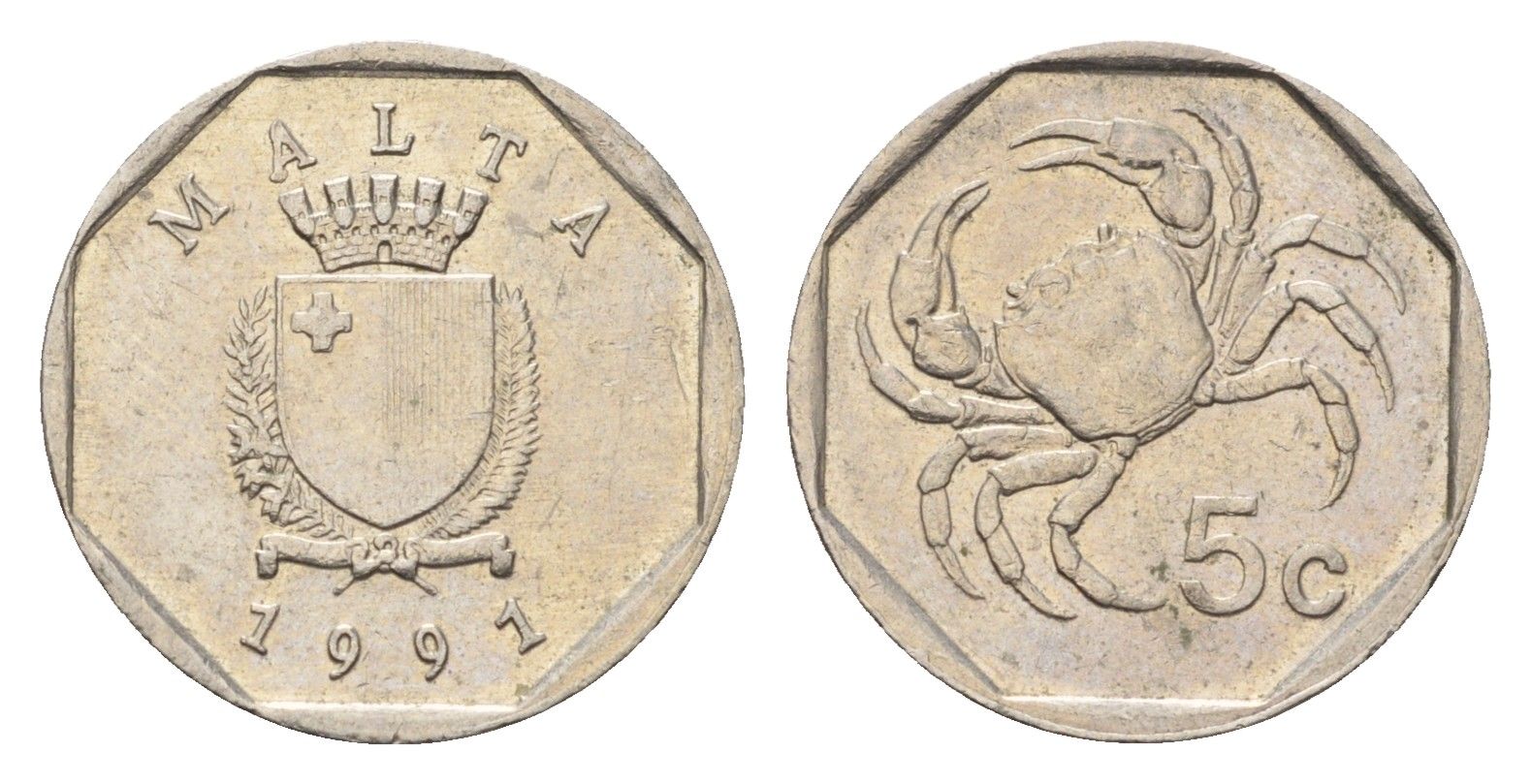 Мальта 5 центов 1991 краб KM 95 медно-никель 4702-469