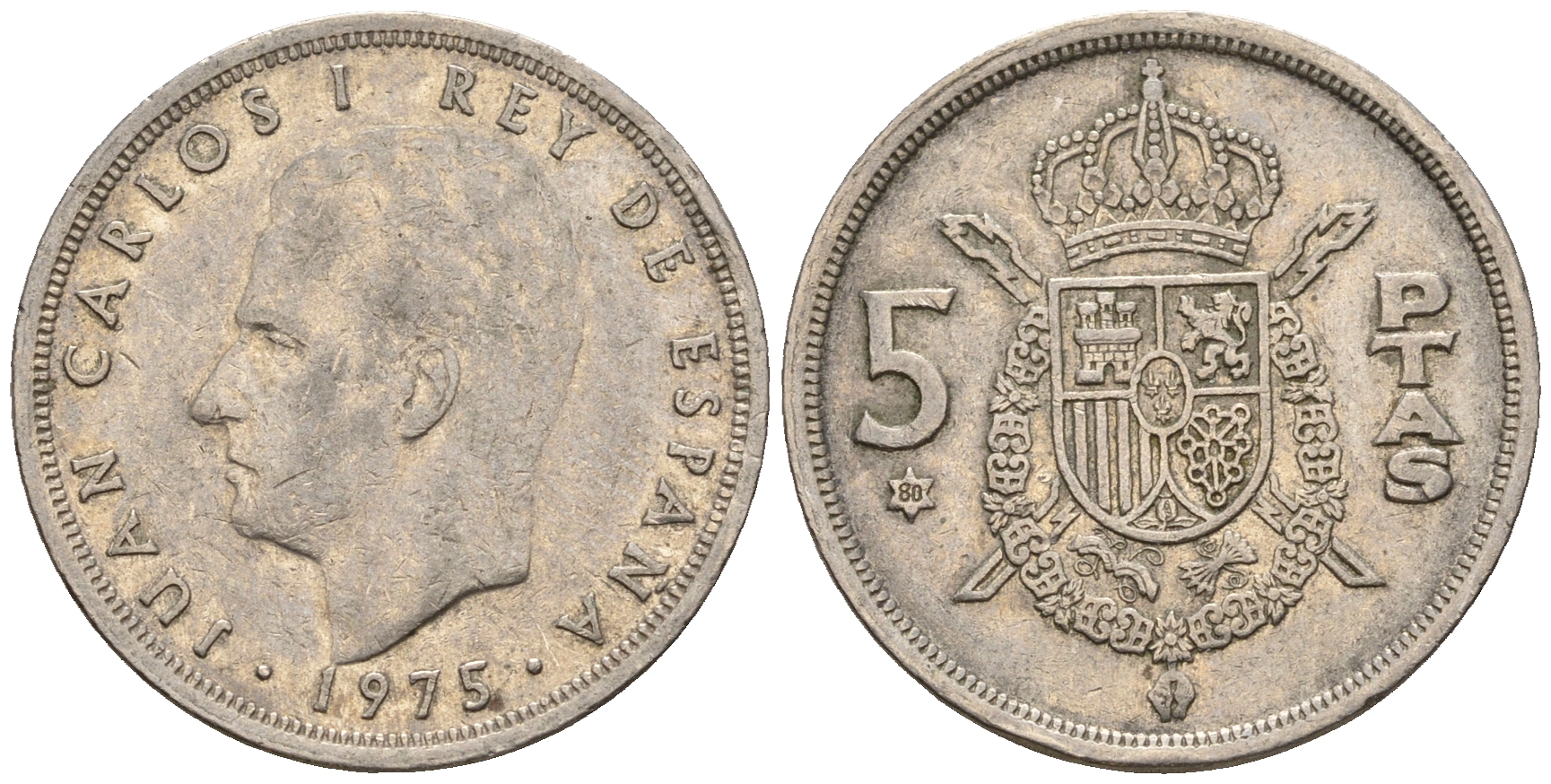 Испания 5 песет 1975 (80) Хуан Карлос I (1975-2014) KM 807 медно-никель 259-222