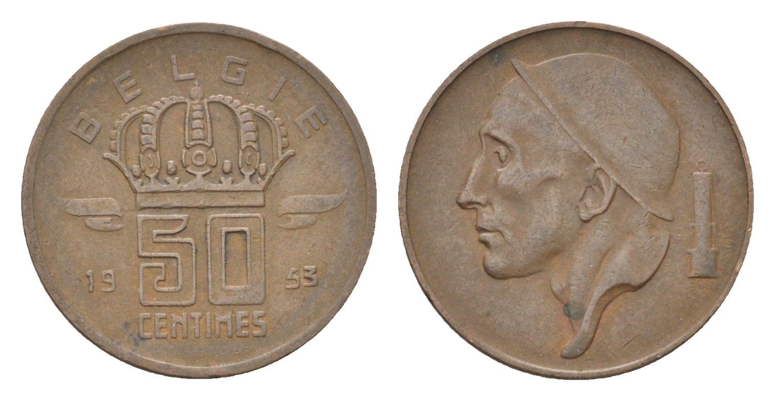 Бельгия 50 сантимов 1953 Belgie, Бодуэн I (1951-1993) KM 149 бронза 4705-252