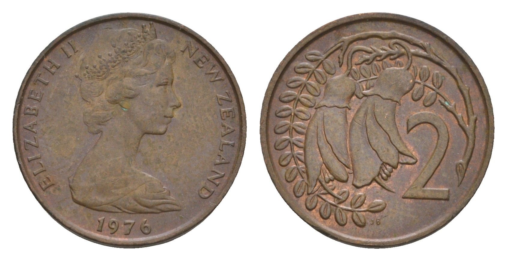 Новая Зеландия 2 цента 1976 Елизавета II (1952-2022), два цветка кохаи KM 32.1 бронза 4655-1146