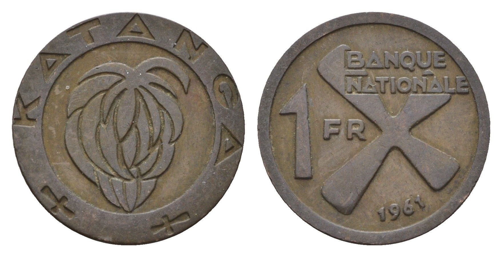 Катанга 1 франк 1961 Заир, балубский крест, связка бананов KM 1 бронза 4679-546