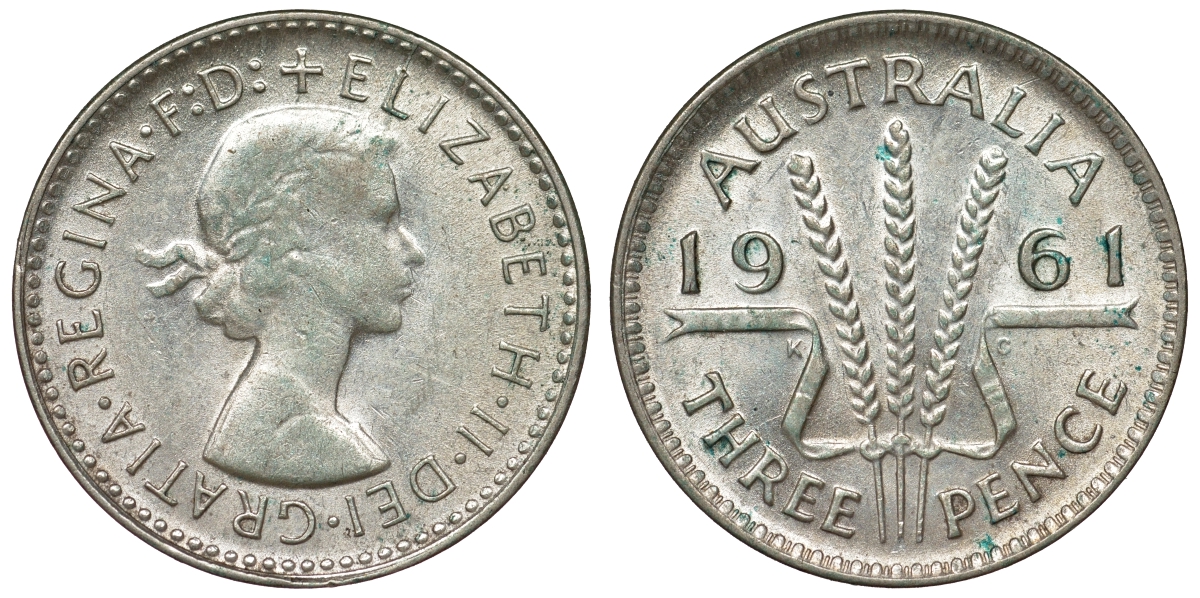 Австралия 3 пенса 1961 m, Елизавета II (1952-2022) KM 57 серебро 71-741