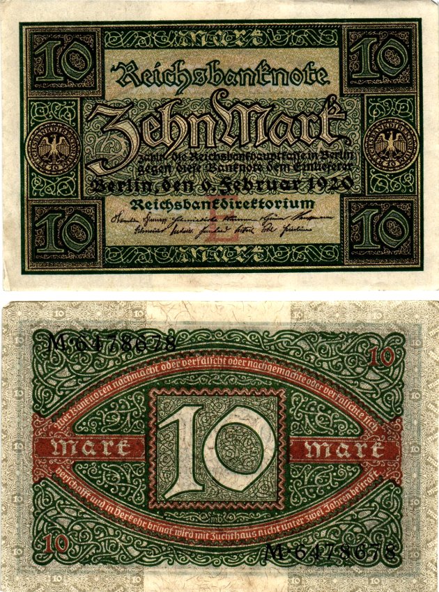 Германия 10 марок 1920 Pick 67a бумага aUNC 7375-42-1-1